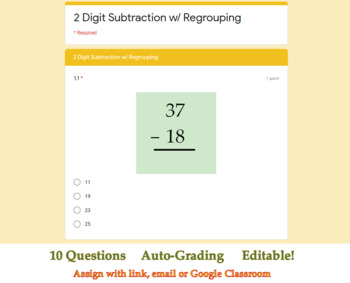 Preview of 2 Digit Subtraction with Regrouping Assessment - Google Forms™ Digital Quiz