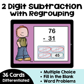 Preview of 2 Digit Subtraction with Regrouping Boom Cards - Self Correcting