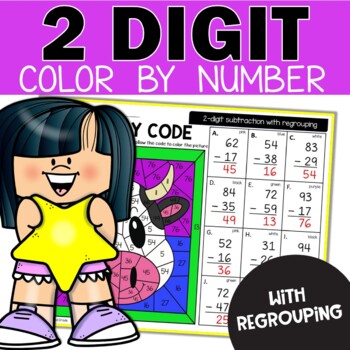 Preview of 2 Digit Subtraction with Regrouping Color by Number Math Pages Farm