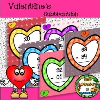 Preview of 2 Digit Subtraction with regrouping Task Cards - Valentine's Day Themed