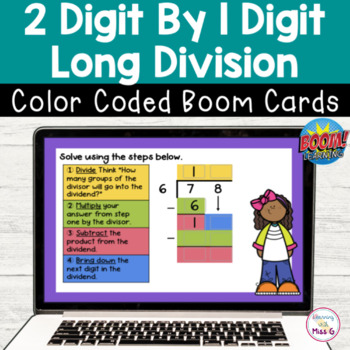Preview of Digital 2 Digit by 1 Digit Long Division Boom Cards | No Remainders