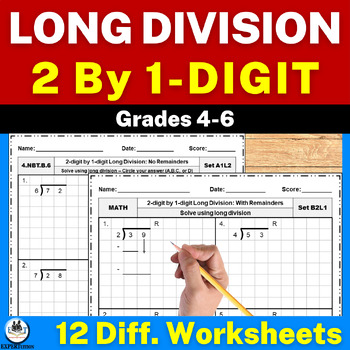 Preview of 2 Digit by 1 Digit Long Division Practice Worksheets | With & Without Remainders