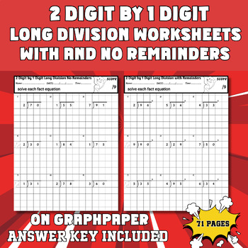 Preview of 2 Digit by 1 Digit Long Division with and without Remainders on Graph Paper