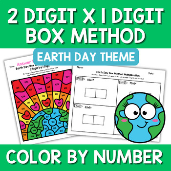 Preview of 2 Digit by 1 Digit Multiplication Area Model Box Method Earth Day Color by Code