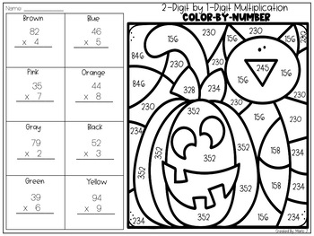 2-Digit by 1-Digit Multiplication Coloring-By-Code l Halloween Themed