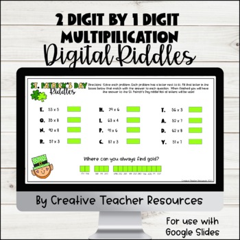 Preview of 2 Digit by 1 Digit Multiplication Digital St. Patrick's Day Riddle