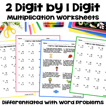 Preview of 2 Digit by 1 Digit Multiplication Worksheets - Differentiated with Word Problems