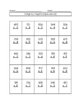 2 digit by 1 digit and 3 digit by 1 digit multiplication practice worksheets