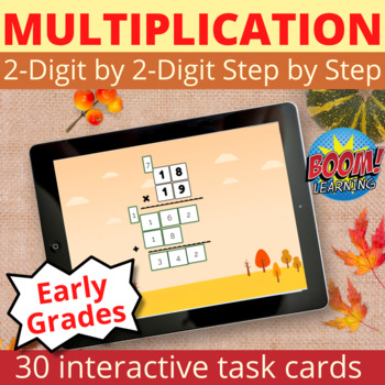 Preview of 2 Digit by 2 Digit Multiplication Boom Cards Fall Thanksgiving Theme