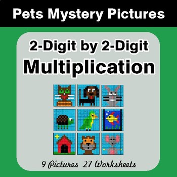 2-Digit by 2-Digit Multiplication - Color By Number Math Mystery Pictures - Pets