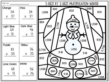 2-digit By 2-digit Multiplication Coloring-by-code L Winter Themed