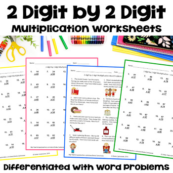 Preview of 2 Digit by 2 Digit Multiplication Worksheets - Differentiated with Word Problems