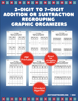 Preview of 2-Digit to 7-Digit Addition or Subtraction Regrouping Graphic Organizers-PDFs!