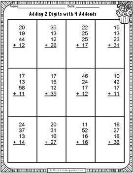 2 Digits Addition with 4 Addends with Regrouping Worksheets | TPT