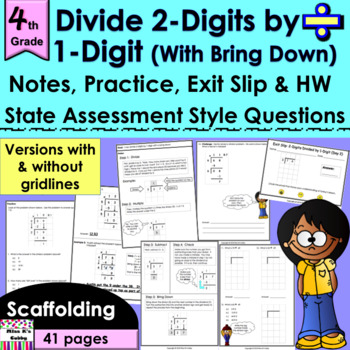 Preview of 2-Digits Divided by 1-Digit with Bring Down: notes, CCLS practice, exit slip, HW