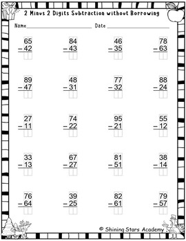 2 Digits Minus 2 Digits Subtraction without Regrouping or Borrowing ...