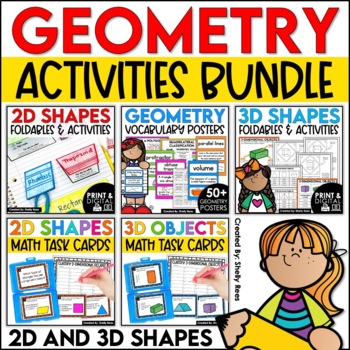 Preview of 2D and 3D Shapes Activities and Worksheets Bundle | Geometry Vocabulary