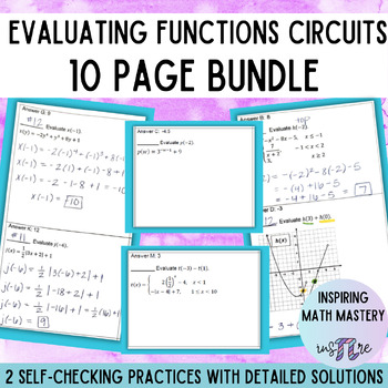 Preview of 2 Evaluating Functions (1 Piecewise) Practice Self-Checking Worksheets BUNDLE