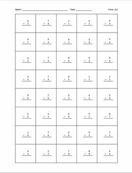 Preview of 2 Minute Math Fact Fluency - 40 Single Digit Subtraction Problems (incl. 5 sets)