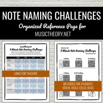 Preview of 2 Minute Note Naming Challenges | Reference Sheet for Musictheory.net | QR&Links
