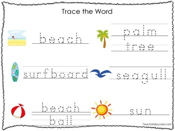 2 printable beach themed word tracing activites preschool handwriting