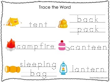 2 printable camping themed word tracing activites preschool handwriting