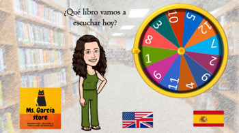 Preview of 2 Read aloud roulettes, one in English and other in Spanish, and free book room