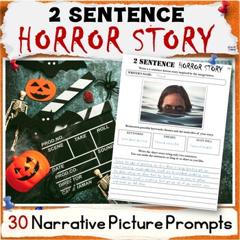 Preview of Horror 2 Sentence Story Writing Activity Packet, Halloween Photo Prompts