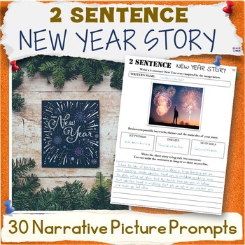 Preview of New Years 2 Sentence Story Writing Activity Packet, Narrative Photo Prompts