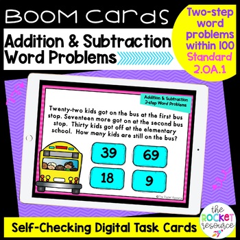 Preview of 2 Step Addition and Subtraction Word Problems within 100 BOOM™ Cards | 2.OA.1
