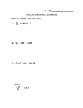 Preview of 2-Step Decimal Equation Quiz