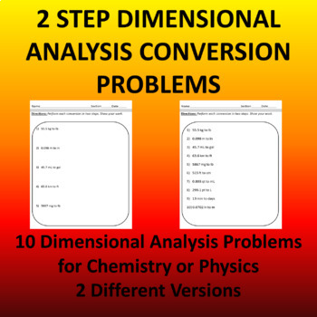 Preview of 2 Step Dimensional Analysis Problems 10 Questions With Answers