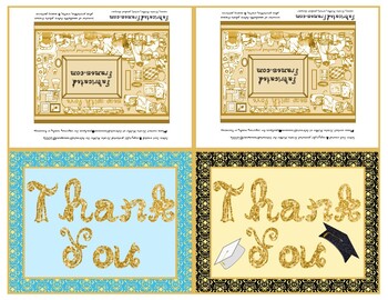 Preview of 2 Thank You Fabric Font Note Card Printables Teal / Graduation Gold Black Damask