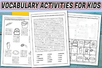 Preview of Vocabulary Activities for kids Missing Letters, Word Search, Scramble, Crossword