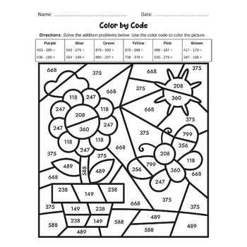 2- and 3-Digit Addition & Subtraction Worksheets - Spring Color by Number