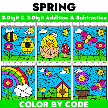 Preview of 2- and 3-Digit Addition & Subtraction Worksheets - Spring Color by Number