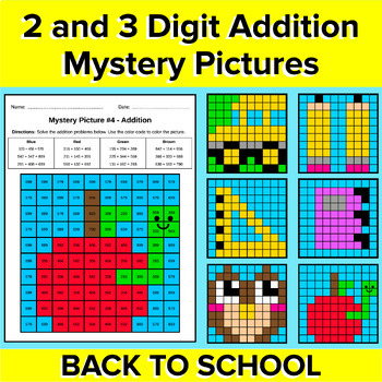 Preview of 2 and 3 Digit Addition Worksheets - Back to School Color by Number