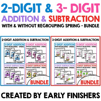 Preview of Spring Activities 2 and 3 Digit Addition and Subtraction Math Task Cards Bundle