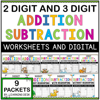 Preview of 2 3 Double Triple Digit Addition Subtraction With Without Regrouping Worksheets