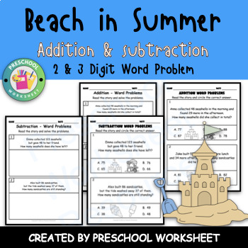 Preview of 2 and 3 Digit Addition and Subtraction Word Problems | Beach in Summer