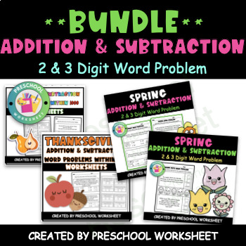 Preview of 2 and 3 Digit Addition and Subtraction Word Problems | Spring and Autumn Bundle