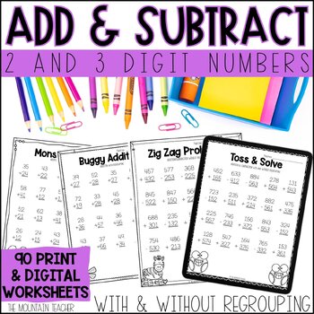 Preview of 2 and 3 Digit Addition and Subtraction Worksheets BUNDLE