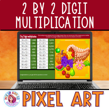 Preview of 2 by 2 Digit Multiplication 4th Grade Thanksgiving Fall Math Pixel Art