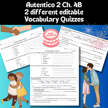 Preview of 2 different editable Autentico 2 Chapter 4B Vocabulary Quizzes