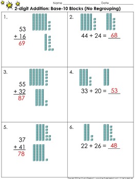 Preview of 2-digit Addition: Use Base-10 Blocks (No Regrouping) Practice Sheets King Virtue
