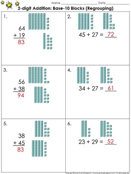 Preview of 2-digit Addition: Use Base-10 Blocks (Regrouping) Practice Sheets - King Virtue
