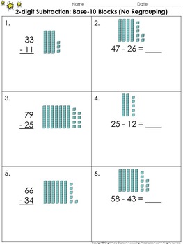 2-digit Subtraction: Use Base-10 Blocks (No Regrouping) Practice Sheets