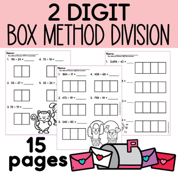 Preview of 2 digit box method division worksheets - Valentine's Day division - No prep