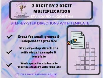 Preview of 2 digit by 2 digit Multiplication Standard Algorithm Steps With Template