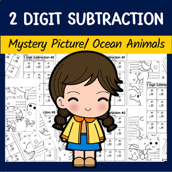 Preview of Subtracting Double Digits Worksheets, Hidden Picture Puzzles, Ocean Creatures